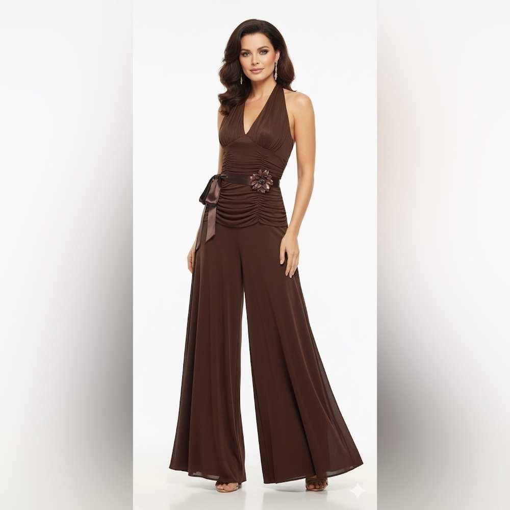 Vintage Jessica McClintock Deadstock Brown Halter Wide Leg Satin Belt Jumpsuit